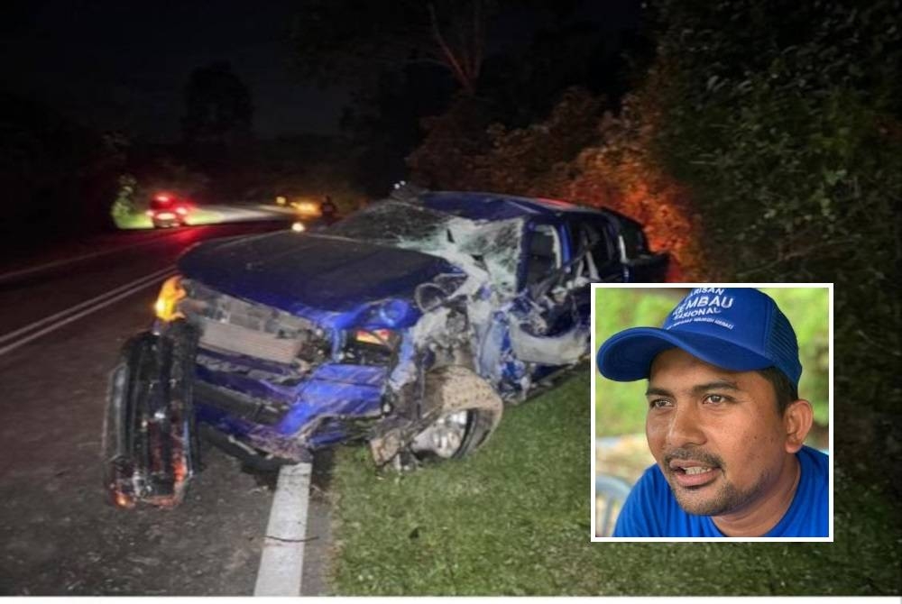 Calon BN DUN Jeram Padang, Datuk Mohd Zaidy Abdul Kadir (gambar kecil) terlibat dalam kemalangan pada jam 3.25 pagi di Jalan Pasir Besar-Palong di Negeri Sembilan. - Foto Instagram: @drasyrafwajdi