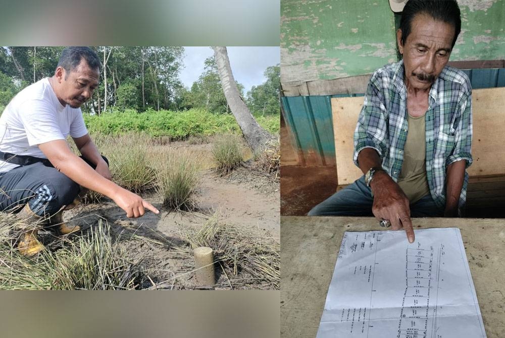 Gambar kiri: Mazlan Ithnin menunjukkan batu sempadan geran tanah. (Gambar kanan) Khalid menunjukkan geran tanah milik petani yang menggambarkan tiada binaan benteng penghalang air masin dibina atas tanah milik mereka.