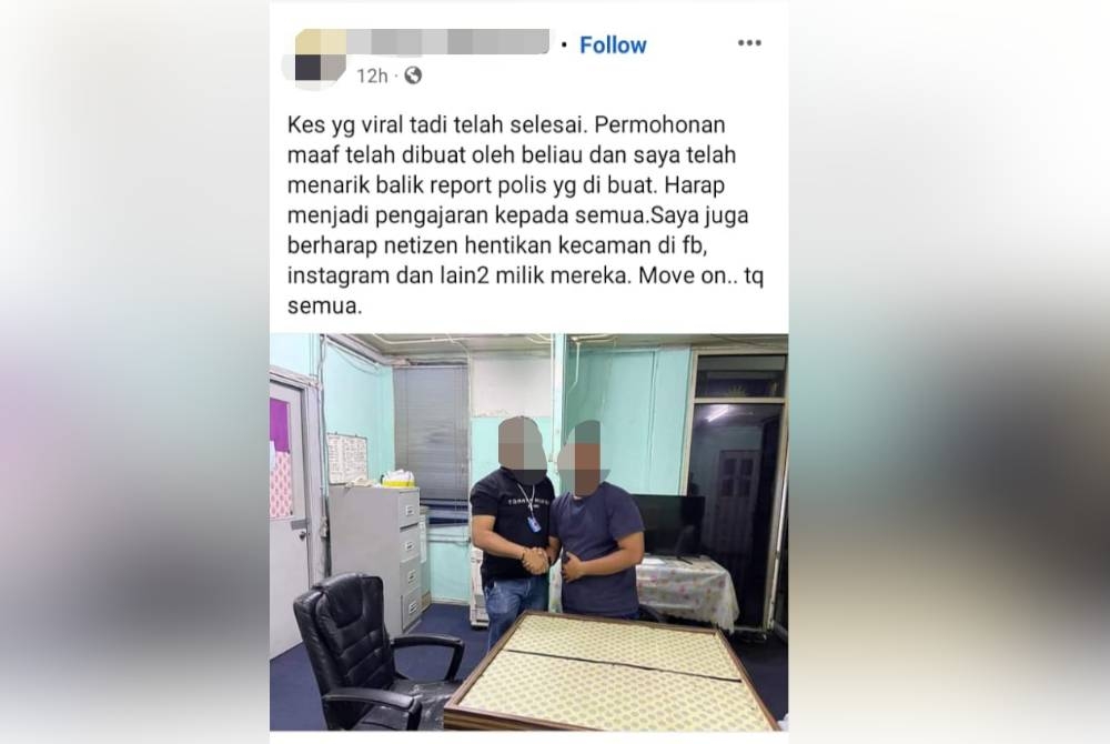 Perkongsian di Facebook menunjukkan individu yang terlibat dalam kejadian pertengkaran didakwa berpunca daripada pintu kereta tercalar telah berdamai pada Isnin.