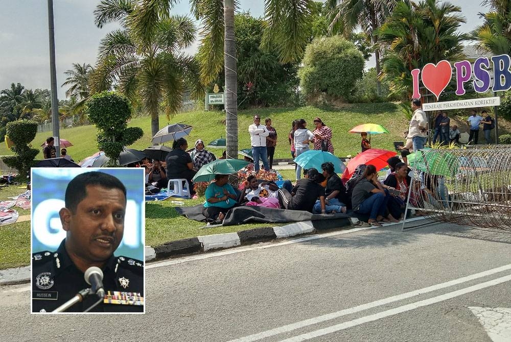 Kira-kira 100 ahli keluarga kepada 69 tahanan bawah SOSMA melancarkan mogok lapar di hadapan Penjara Sungai Buloh sejak Isnin. Gambar kecil: Hussein Omar