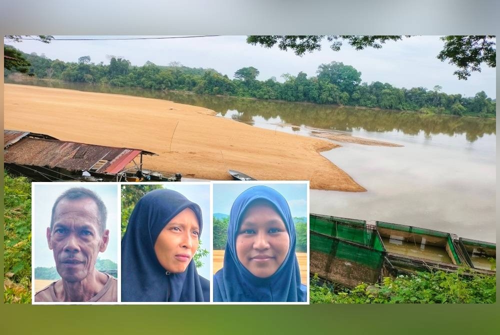 Beting pasir timbul selepas air Sungai Pahang semakin surut berhampiran sangkar milik Jamil di Kampung Sanding dekat Pesagi, Chenor. Gambar kecil: Jamil, Rosmanira, Rosmawati