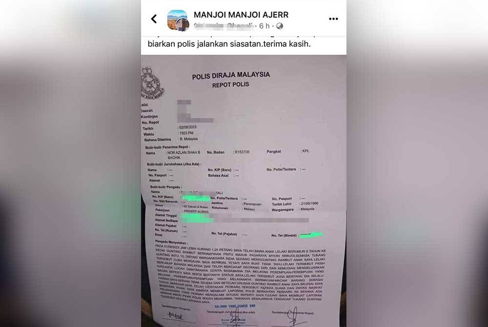 Gambar laporan polis tular di Facebook mendakwa diganggu secara seksual oleh seorang tukang gunting rambut warga India di Manjoi. Foto: Ihsan pembaca