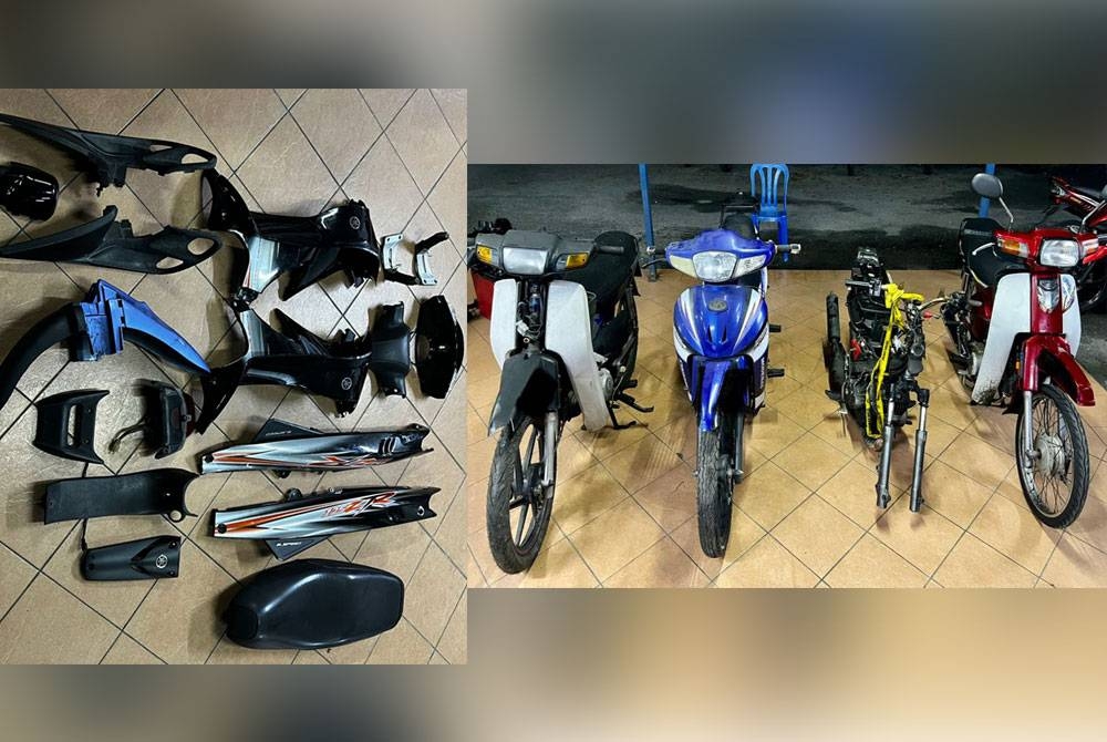 Polis merampas motosikal termasuk rangka dan komponen kenderaan tersebut yang disyaki dicuri oleh sekumpulan tiga lelaki.