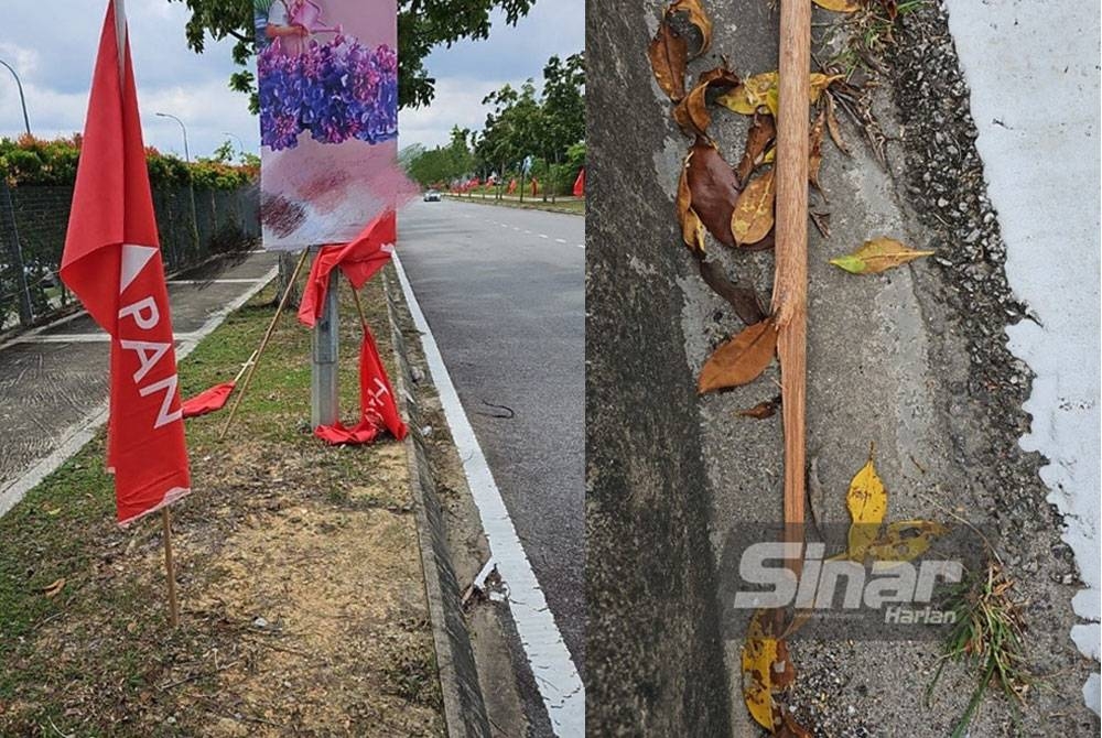 Keadaan bendera dan kayu yang dipatahkan pihak tidak bertanggungjawab (kiri). Kayu bendera dipatahkan individu tidak bertanggungjawab (kanan).