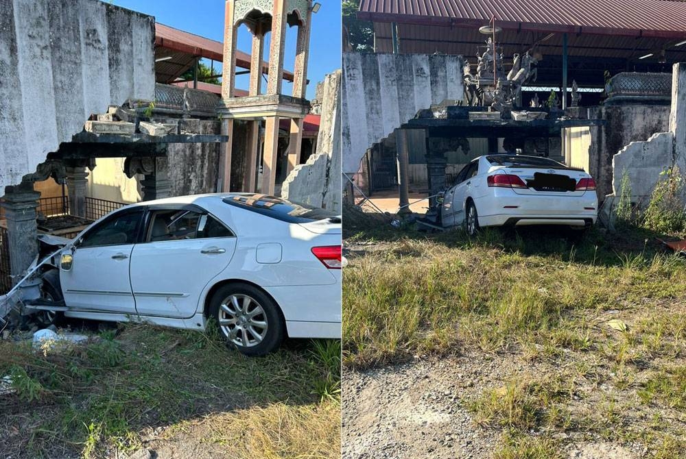 Keadaan kereta mangsa yang remuk di bahagian hadapan selepas terbabas dan melanggar tembok kuil.