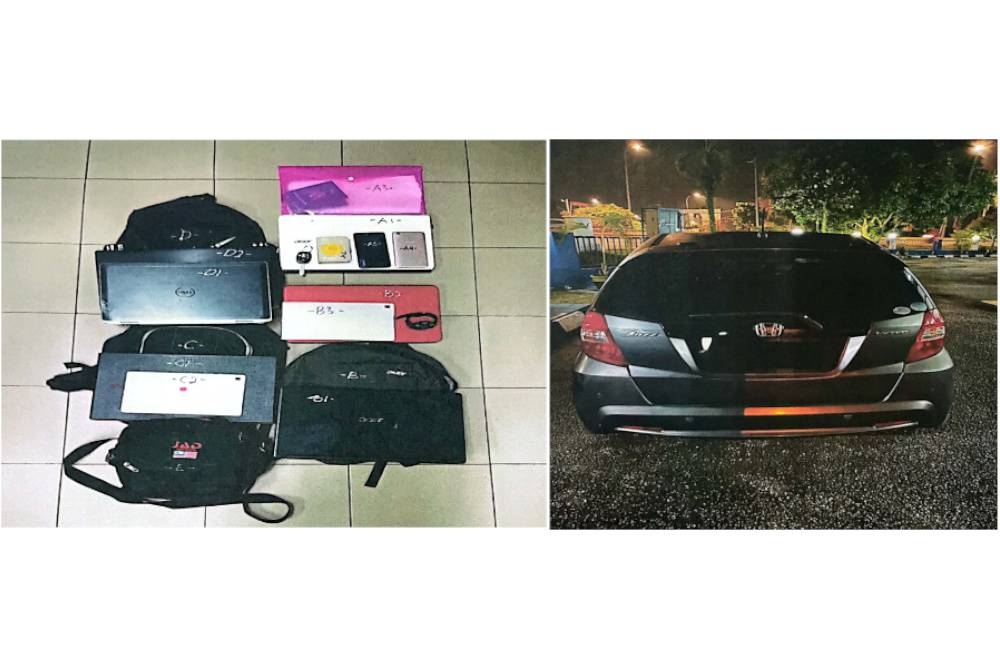 Antara barangan lain yang dirampas. (Kanan: Kereta Honda Jazz yang dirampas. - Foto Polis Seri Alam)