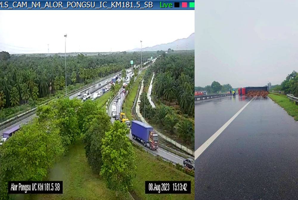 Keadaan lori muatan sawit yang terbalik menghalang semua lorong menuju arah selatan dari laluan Alor Pongsu ke Bukit Merah menyebabkan kesesakan.