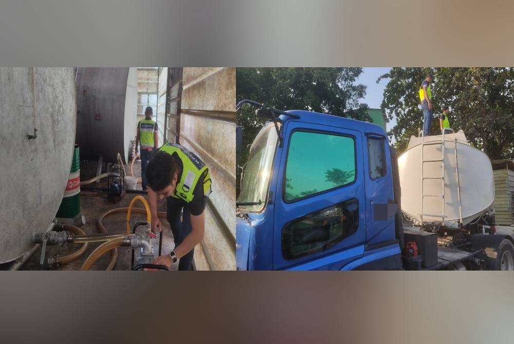 Pegawai operasi KPDN Kuala Lumpur menjalankan pemeriksaan tangki simpanan diesel subsidi di sebuah stor haram di Sungai Besi, Kuala Lumpur pada Selasa minggu lalu.