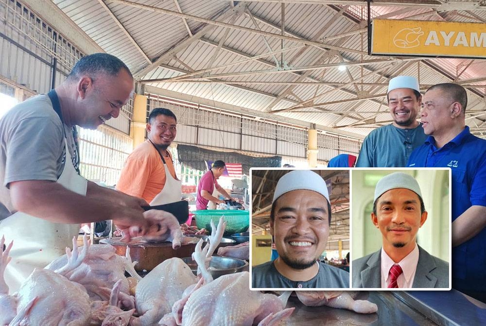 Saarani (kiri) bersama Mohd Naim menyantuni pengundi DUN Penaga ketika kempen di Pasar Awam Penaga pada Jumaat. (Gambar kecil: Mohd Naim dan Mohd Yusni)