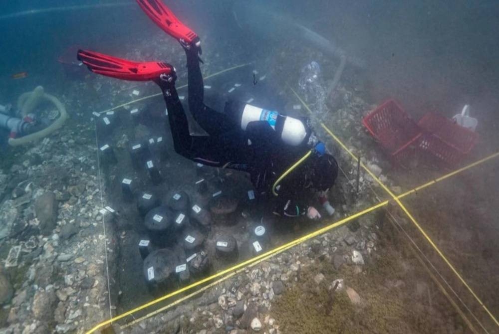 Penyelam melakukan tugasan di tapak arkeologi dipercayai perkampungan atas air di dasar Tasik Ohrid di Albania. - Agensi