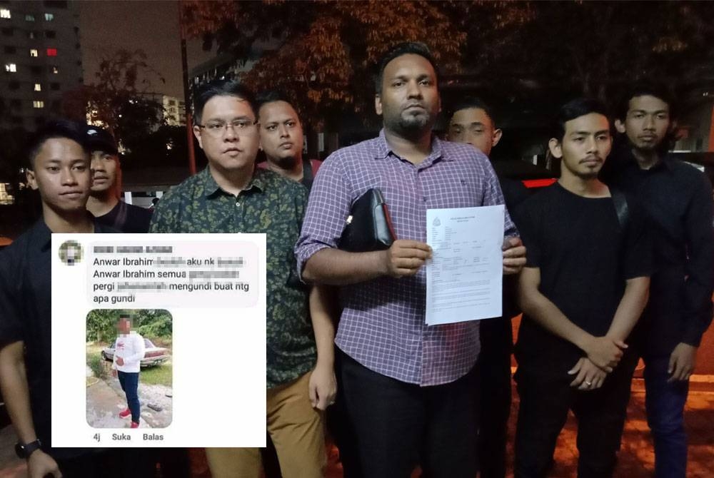 Muhammad Afif (tengah) menunjukkan laporan polis yang di buat AMK Selangor berhubung ugutan bunuh terhadap Perdana Menteri di IPD Shah Alam pada Isnin. Gambar kecil: tangkap layar ugutan yang dimuat naik di Facebook individu terbabit.