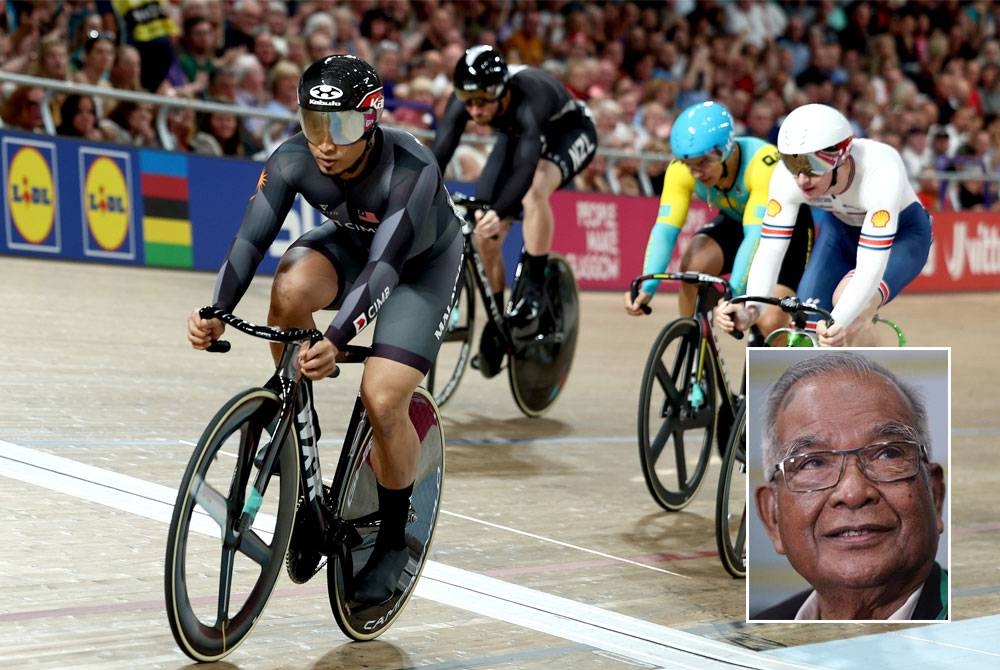 Azizulhasni beraksi pada pusingan pertama acara keirin Kejohanan Berbasikal Dunia 2023 di Velodrom Sir Chris Hoy di Glasgow minggu lalu. Gambar kecil: Abu Samah