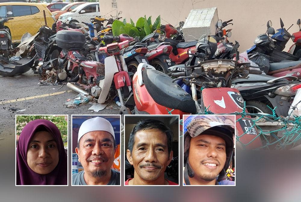 Motosikal terbiar yang menyakitkan mata dan merosakkan pemandangan di flat Desa Mentari 3, Petaling Jaya. - Gambar kecil dari kiri: Nor Hamizah, Silahhuddin , Mohd Nidzam, Muhammad Farid