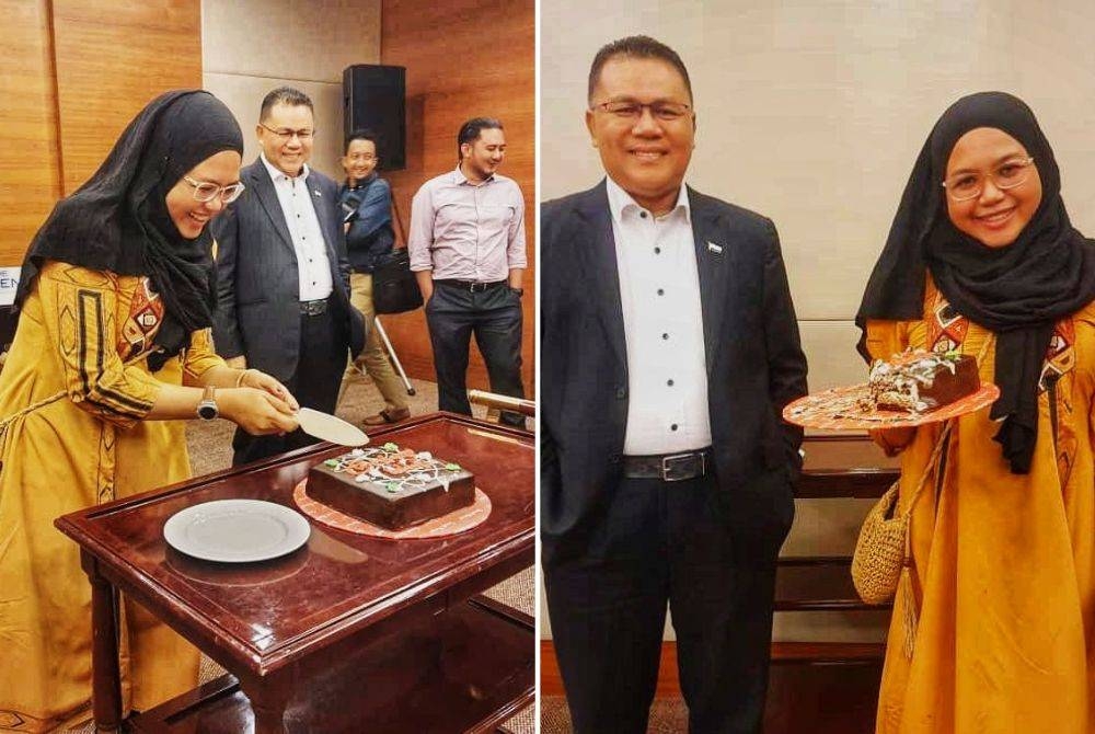 Pai (Kiri) berkongsi kenangan bersama Allahyarham Datuk Seri Johari Harun ketika meraikan sambutan hari jadinya pada 4 Januari lalu ketika program suai kenal bersama Media Pahang. Gambar kanan: Pai (kanan) bergambar kenangan bersama Allahyarham yang turut meraikan sambutan hari jadinya dalam majlis tersebut.