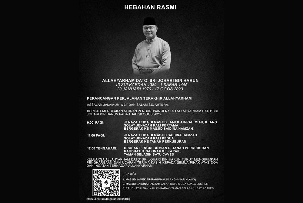 Hebahan rasmi pengebumian dikongsikan menerusi halaman Facebook rasmi Allahyarham Johari pada Ahad.