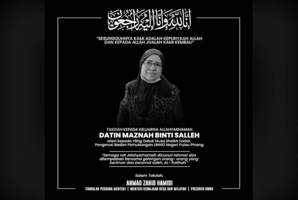 Maznah meninggal dunia di sebuah pusat perubatan swasta di Seberang Jaya pada Ahad. - Foto Facebook Zahid Hamidi