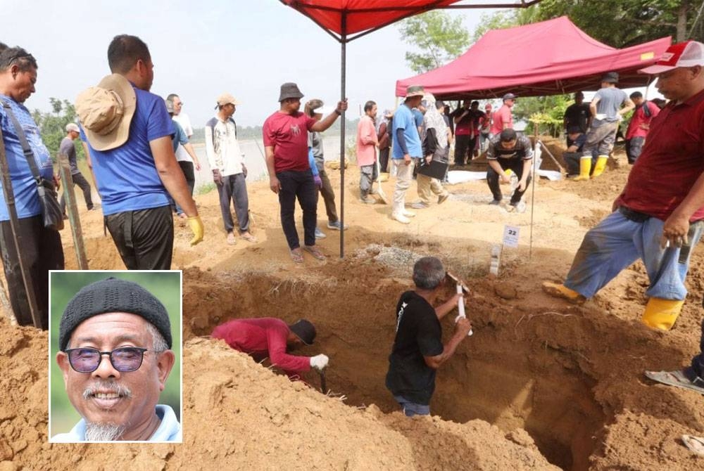 Sebanyak 33 kubur di Tanah Perkuburan Islam Kampung Ganchong Hulu dipindahkan selepas berlaku hakisan di tebing Sungai Pahang. Gambar kecil: Zaini