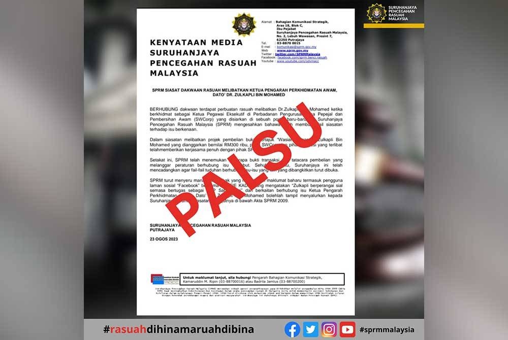 Kenyataan palsu yang ditularkan menerusi media sosial.