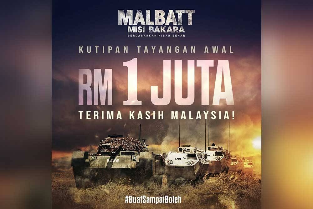 FILEM yang di inspirasi daripada kisah benar, MALBATT: Misi Bakara mencatat kutipan RM1 juta menerusi tayangan awal pada Rabu.