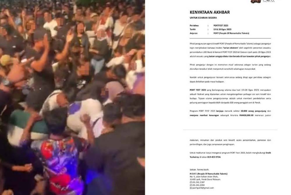 (Gambar kiri) Tangkap layar rakaman video tular menunjukkan sekumpulan individu menari ketika Konsert PORT Fest 2023 di Dataran Ipoh pada Ahad. (Gambar kanan) Kenyataan akhbar oleh PORT