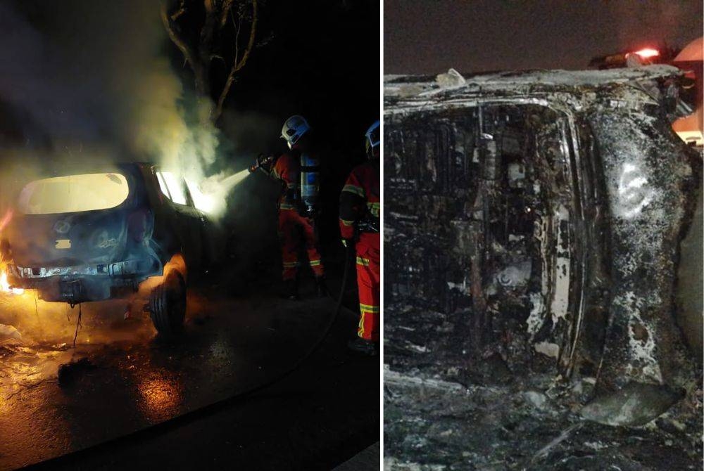 Kebakaran melibatkan sebuah kereta jenis Perodua Axia yang melanggar sebatang pokok di Lebuhraya Pulau Indah, Taman Teluk Gedung Indah, pada Ahad. Gambar kanan: Kenderaan MPV yang terlibat dalam kemalangan di Jalan Perdana Indah, Klang, pada Ahad.