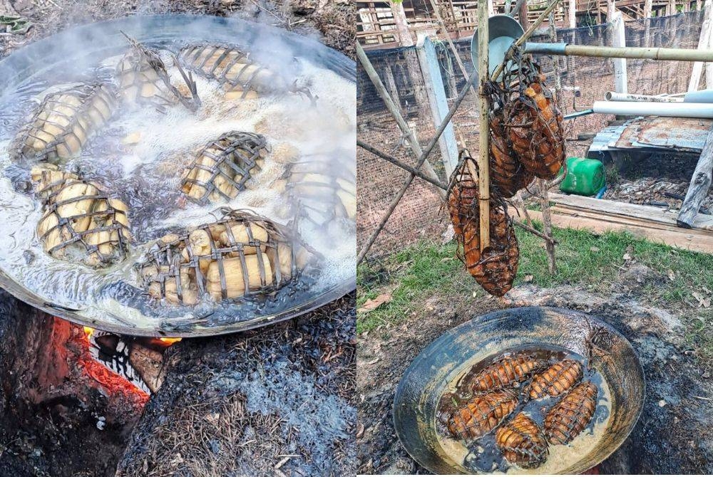 Ubi kayu dimasak berjam-jam dalam rebusan air tebu yang banyak menggunakan dapur kayu.