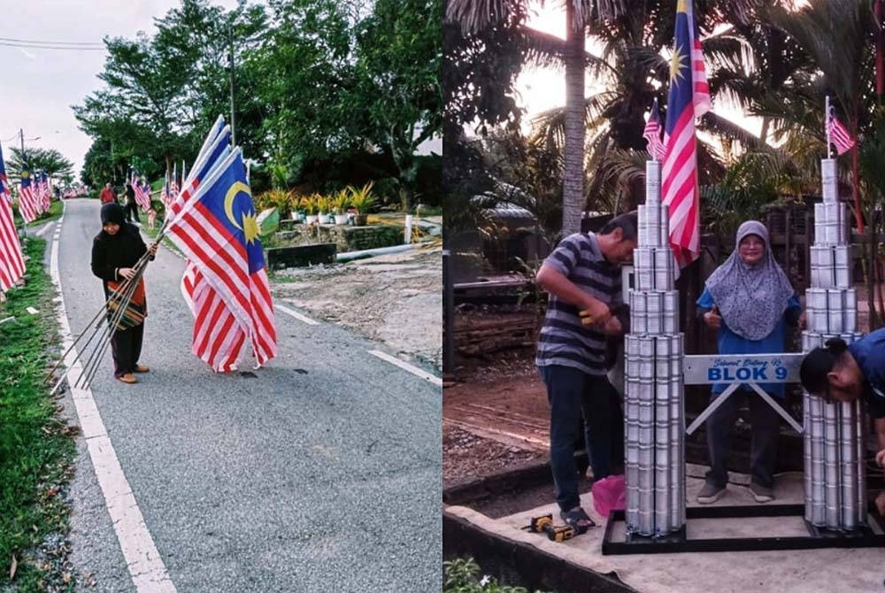 Penduduk bergotong-royong memasang Jalur Gemilang di Felda Jengka 24, Jengka. Hiasan Jalur Gemilang dibuat menggunakan kreativiti masing-masing.