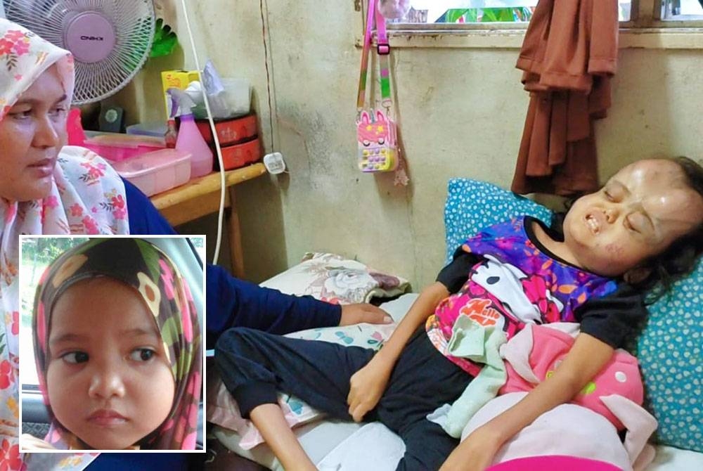 Tuan Nur Afina Sofea disamping ibunya, Nor Adibah di rumah mereka di Kampung Nail, Kuala Besut. Gambar kecil: Tuan Nur Afina Sofea ketika berusia empat tahun.