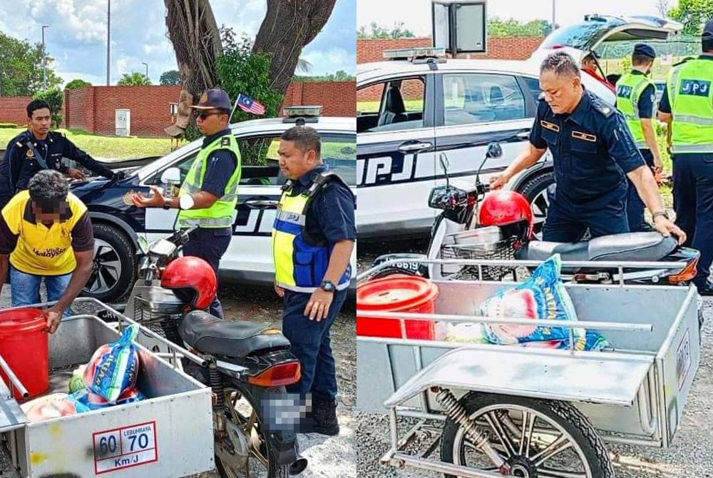 Anggota JPJ memeriksa sebuah motosikal roda tiga yang digunakan oleh warga asing semasa Ops Pewa di Paya Jaras, Selangor pada Selasa.