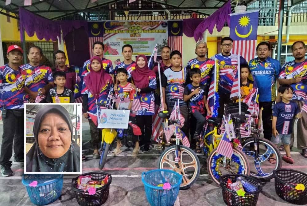 Muhd Azrullah (depan, tiga dari kiri) memenangi pertandingan basikal berhias pada Program Sambutan Bulan Kemerdekaan. (Gambar kecil: Suraya)