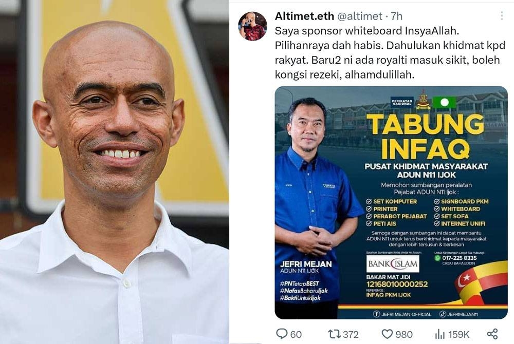 Ciapan Altimet di Twitter sumbangan papan putih kepada PKM Ijok.