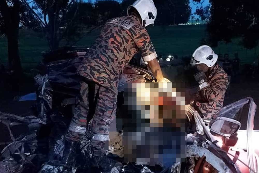 Anggota bomba mengeluarkan mangsa yang tersepit selepas terlibat kemalangan berhampiran Taman Yayasan, Jalan Segamat-Kuantan, petang Jumaat.