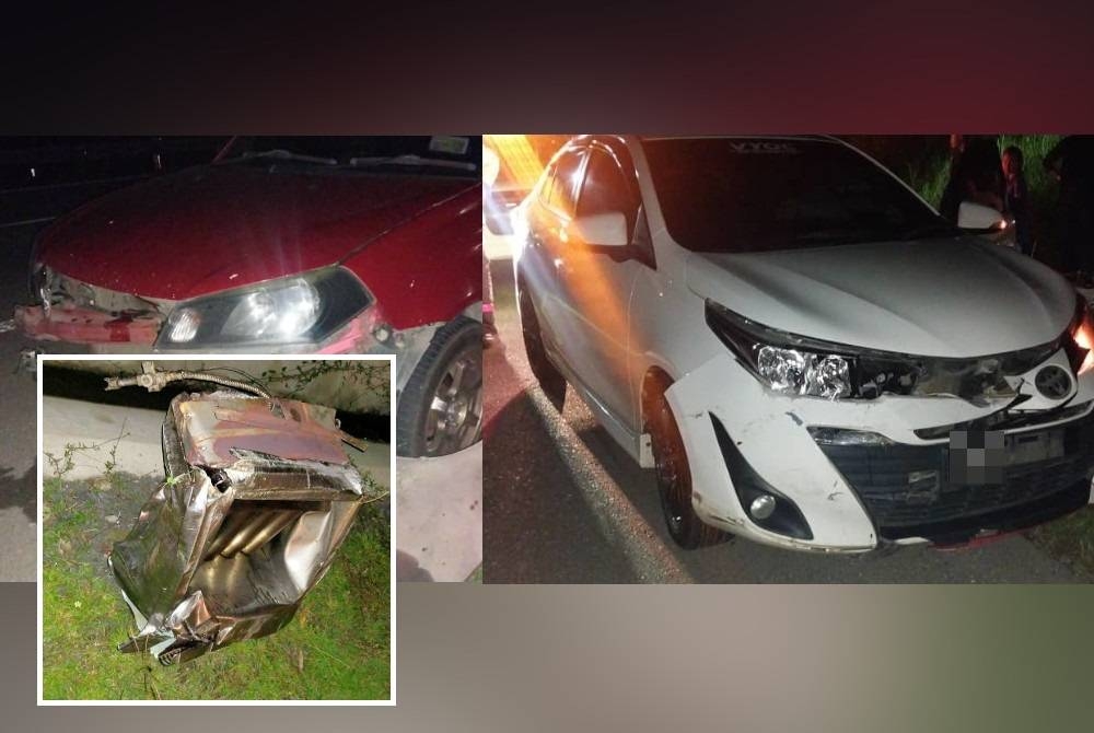 Keadaan kereta jenis Honda Civic dan Toyota Vios alami kerosakan akibat terlanggar objek dipercayai dapur gas di KM116.7 LPT1 di Temerloh pada Jumaat lalu. Gambar kecil: Objek dipercayai dapur gas di lokasi kejadian.