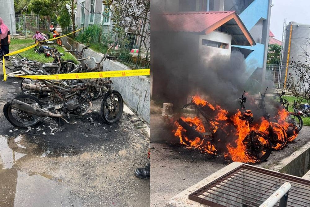 Enam buah motosikal terbakar dalam kejadian di Rumah Pangsa Tanjung Bidara, Taman Bidara Permai di sini, pada Isnin.