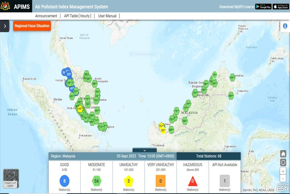 Bacaan IPU di seluruh Malaysia setakat jam 1 petang Selasa.