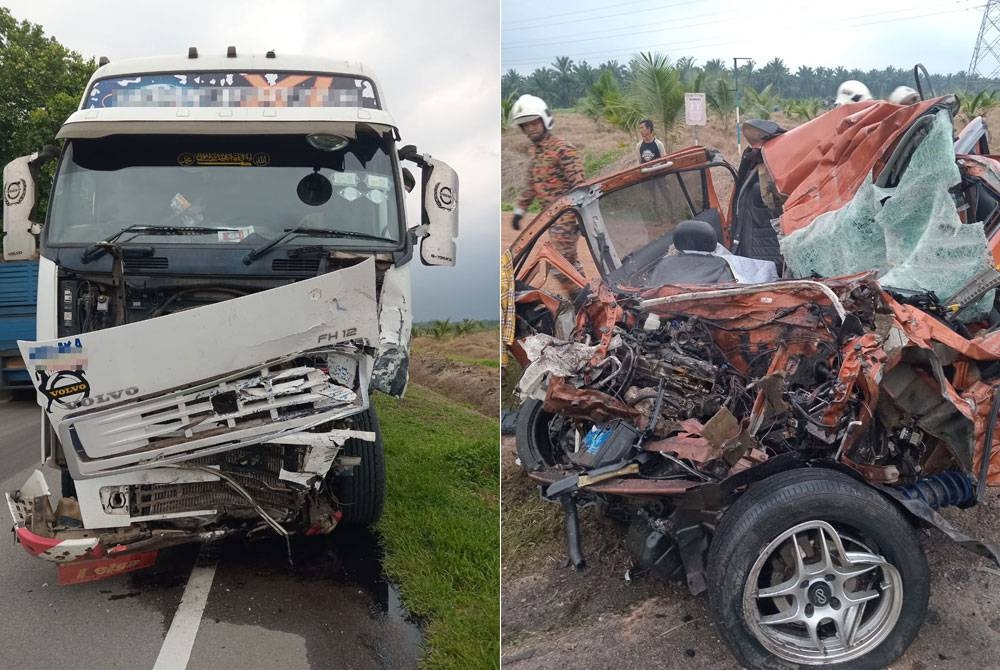 Keadaan kereta Perodua Myvi dan lori remuk teruk selepas terlibat kemalangan di Jalan Sagil-Jementah, pekan Sagil pada Selasa.