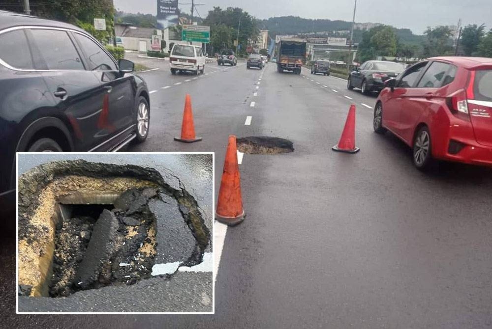 Kon diletakkan bagi tujuan keselamatan pengguna yang melalui jalan berkenaan. Gambar kecil: Lubang sedalam hampir semeter dilaporkan di lokasi kejadian sekitar jam 8 pagi.