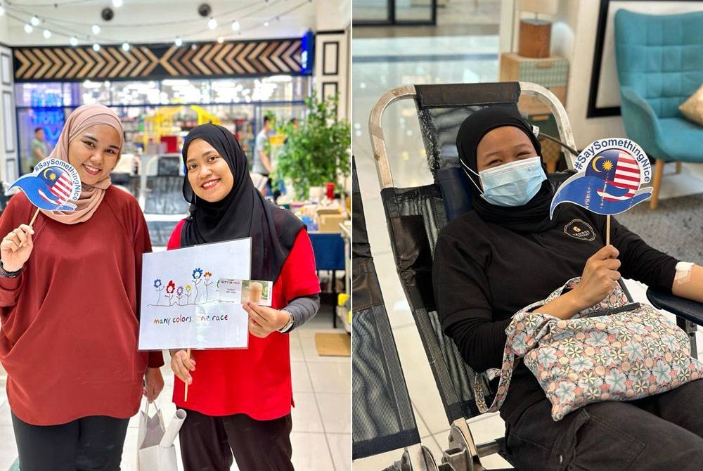 Emma (kiri) bersama salah seorang sukarelawan yang hadir pada prorgam derma darah yang diadakan di Jaya One Petaling Jaya pada Rabu. Gambar kanan: Program derma darah anjauran Zubedy akan berlangsung selama dua hari.