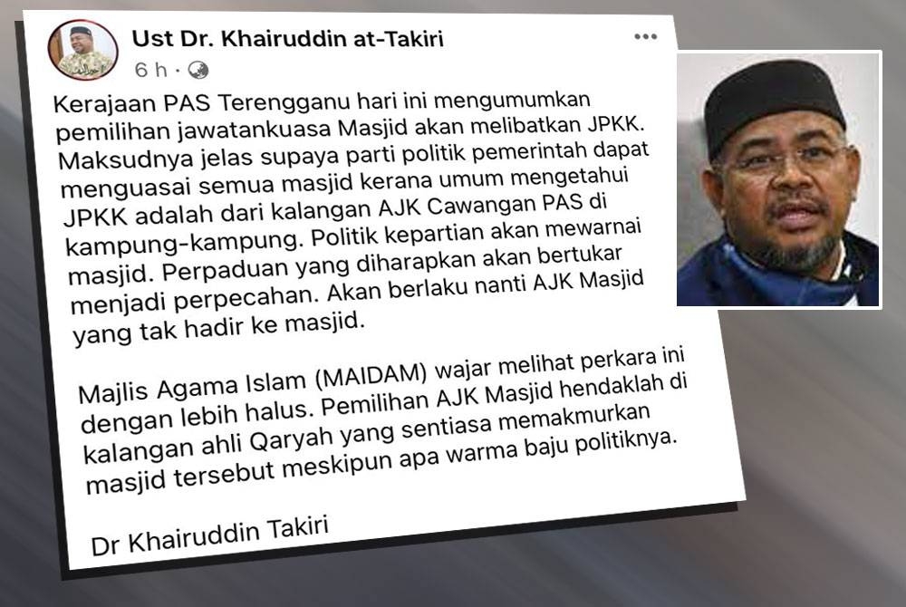 Tangkap layar hantaran Mohd Khairuddin Aman Razali di Facebook pada Rabu.