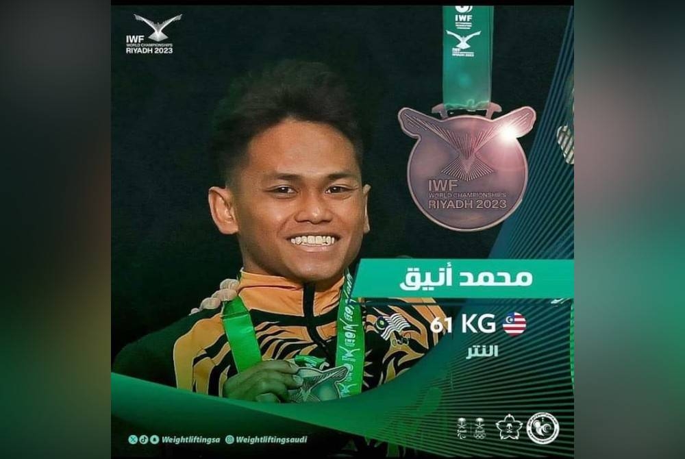 Aniq meraih gangsa acara clean & jerk dalam Kejohanan Angkat Berat Dunia di Riyadh, Arab Saudi pada Rabu.