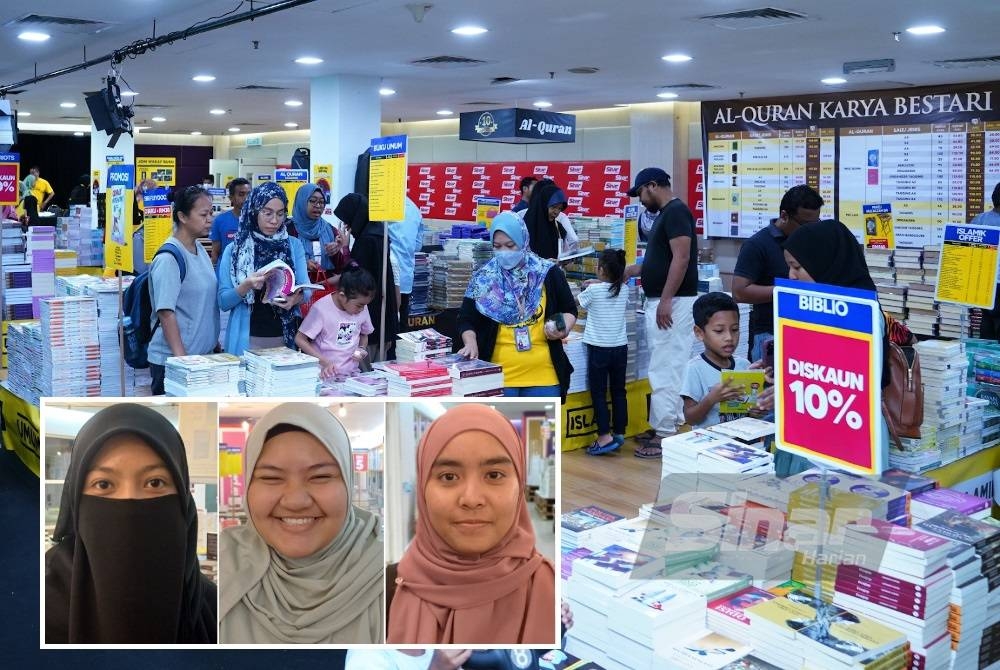 Suasana Jualan Gudang Karangkraf 2023 di Kompleks Kumpulan Karangkraf. (Gambar kecil: Nuralya Natasha, Nur Annisa, Farah Syazana)