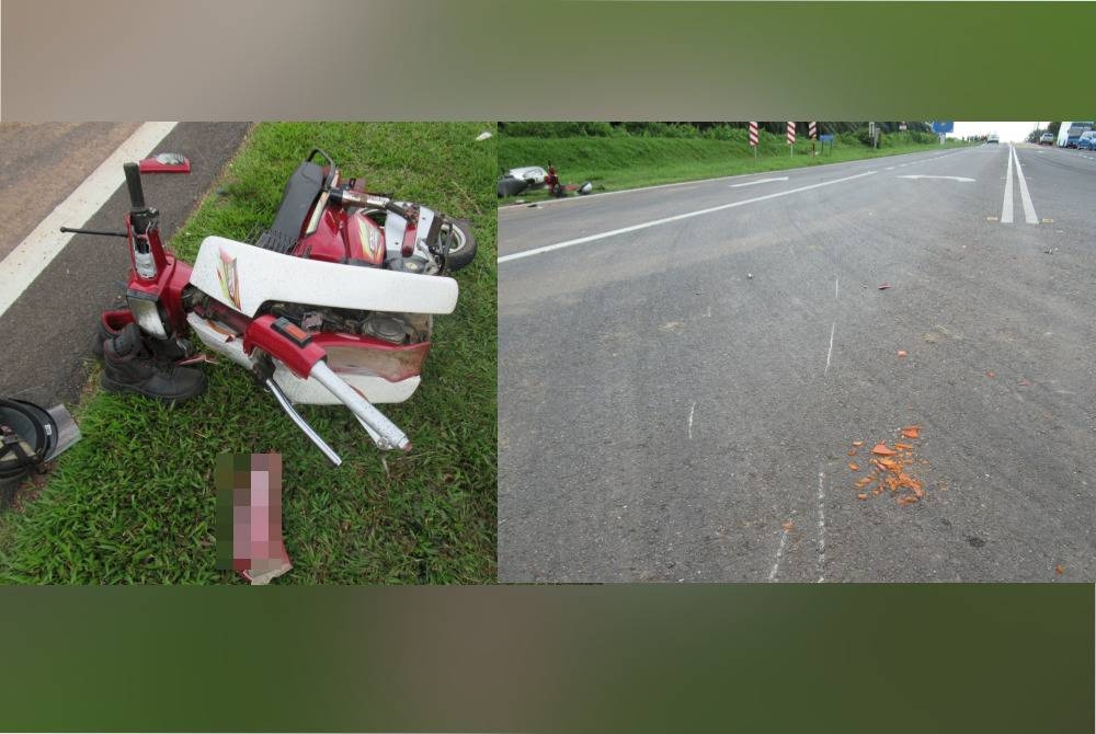 Keadaan motosikal yang ditunggang bapa mangsa dalam kejadian kemalangan di kilometer 16 Jalan Sua Betong- Air Kuning pada Khamis. Keadaan lokasi sebaik kejadian berlaku.