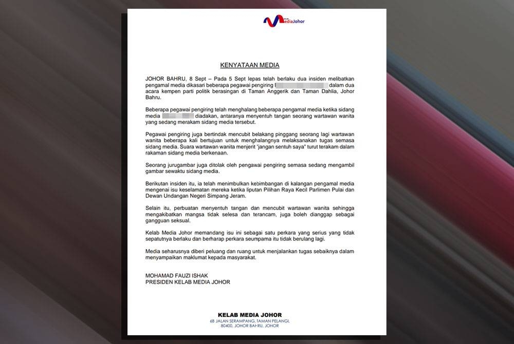 Kenyataan Kelab Media Johor berhubung insiden berkenaan.