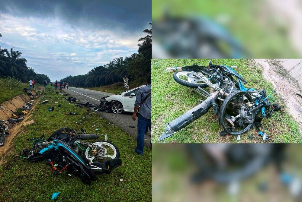 Tiga mangsa maut selepas motosikal yang ditunggang mereka bertembung dengan sebuah kereta di jalan besar Felda Jengka 17 pada Sabtu. - Foto Ihsan orang awam