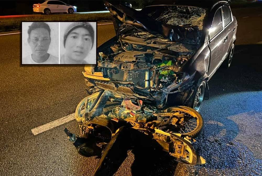 Keadaan kereta dan salah sebuah motosikal yang terlibat dalam kemalangan meragut dua nyawa di Jalan Pintasan Kuantan berhampiran Taman Datuk Rashid di sini pada malam Sabtu. (Gambar kecil: Maung Thein Tun dan Dau Hau Za Lian)