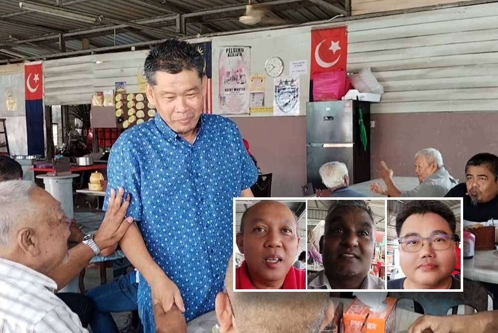 Mazri beramah mesra dengan sebahagian penduduk di Simpang Jeram. (Gambar kecil dari kiri: Mohd Kuzhai, Nagamoorthy, dan Kok Chin)