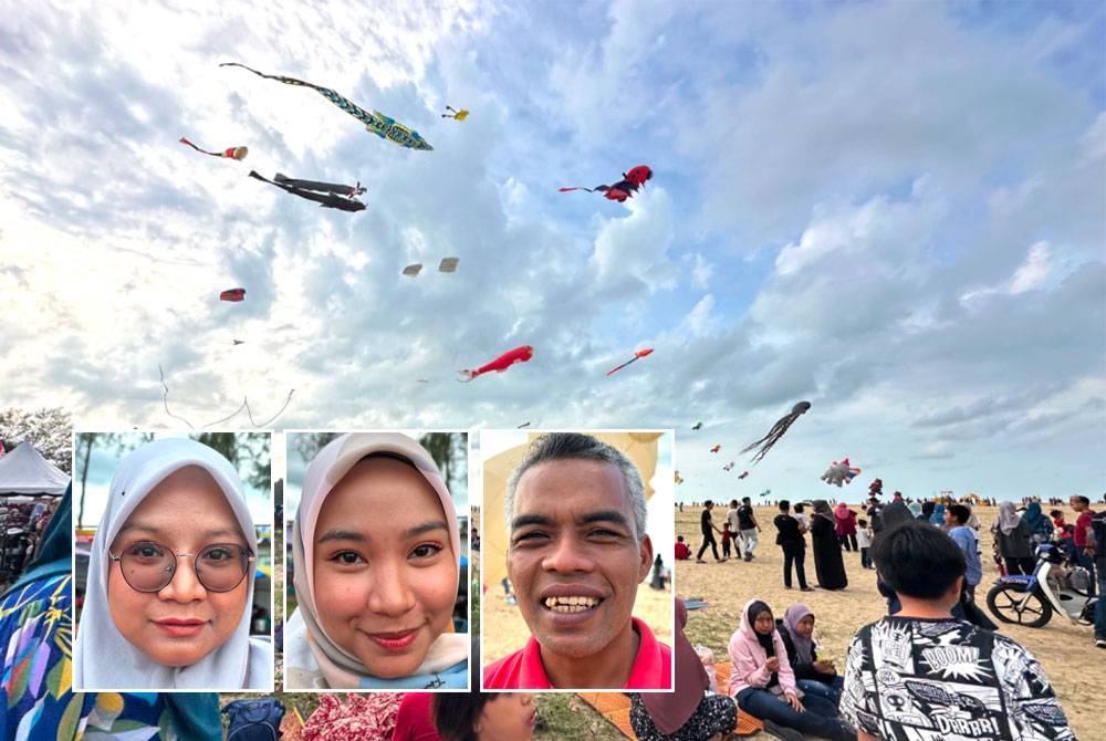 Pengunjung yang mengambil peluang beridah dengan menghamparkan tikar sambil menyaksikan layang-layang di udara. Gambar kecil dari kiri: Nur Azihan, Anis Azwa, Mohd Ariff