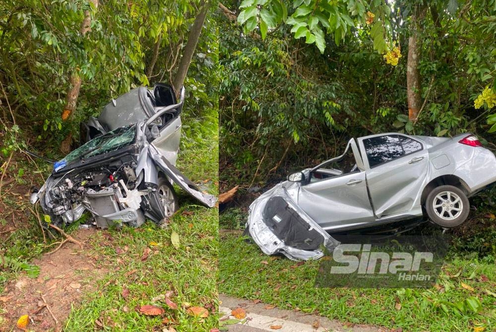 Keadaan kenderaan mangsa yang remuk selepas kereta dipandu terbabas di KM6 Jalan Kampung Padang Pak Amat ke Jeram Pasu-Telipot, Pasir Puteh pada Sabtu.