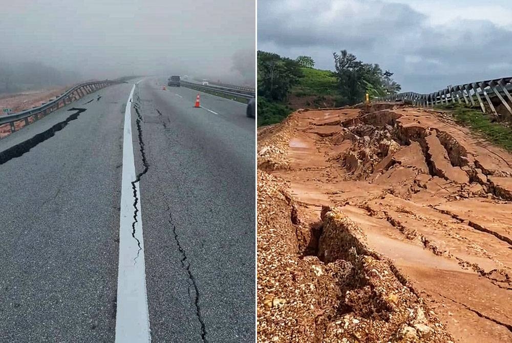 Mendapan tanah yang mengakibatkan rekahan jalan di kilometer (KM) 118.2 hingga KM117.8 arah barat di Temerloh pada Ahad. Gambar kanan: Pejabat Wilayah Timur LLM, syarikat konsesi, perunding dan kontraktor juga telah diarahkan untuk berada di tapak selama 24 jam bagi memantau keadaan.