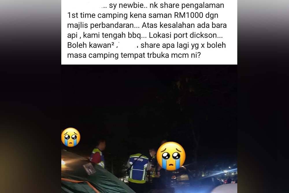 Tangkap layar mengenai luahan dan perkongsian seorang pengunjung ketika berkhemah di pantai Port Dickson.